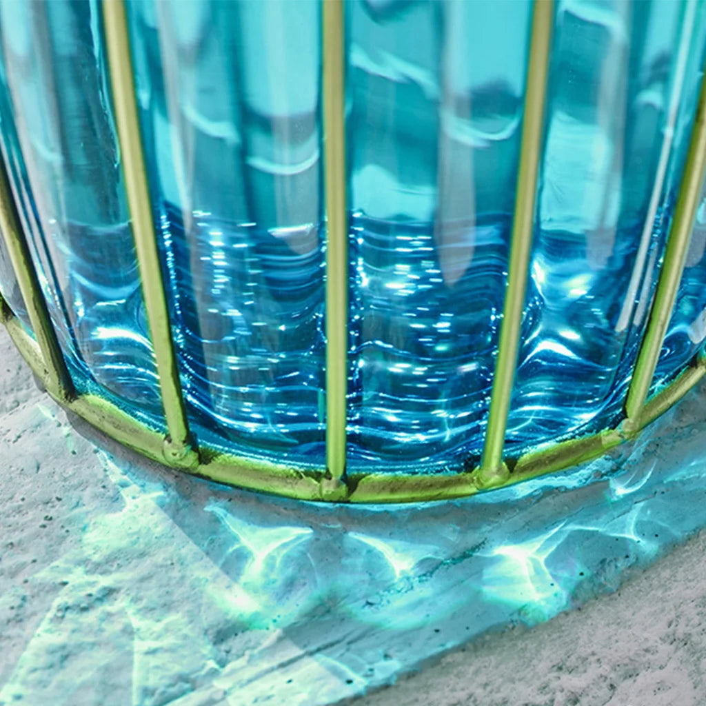 Glass Flower Vase Premium Blue Colored with 8 Bunch 5 Heads Artificial Fake Silk Rose Home Decor Set