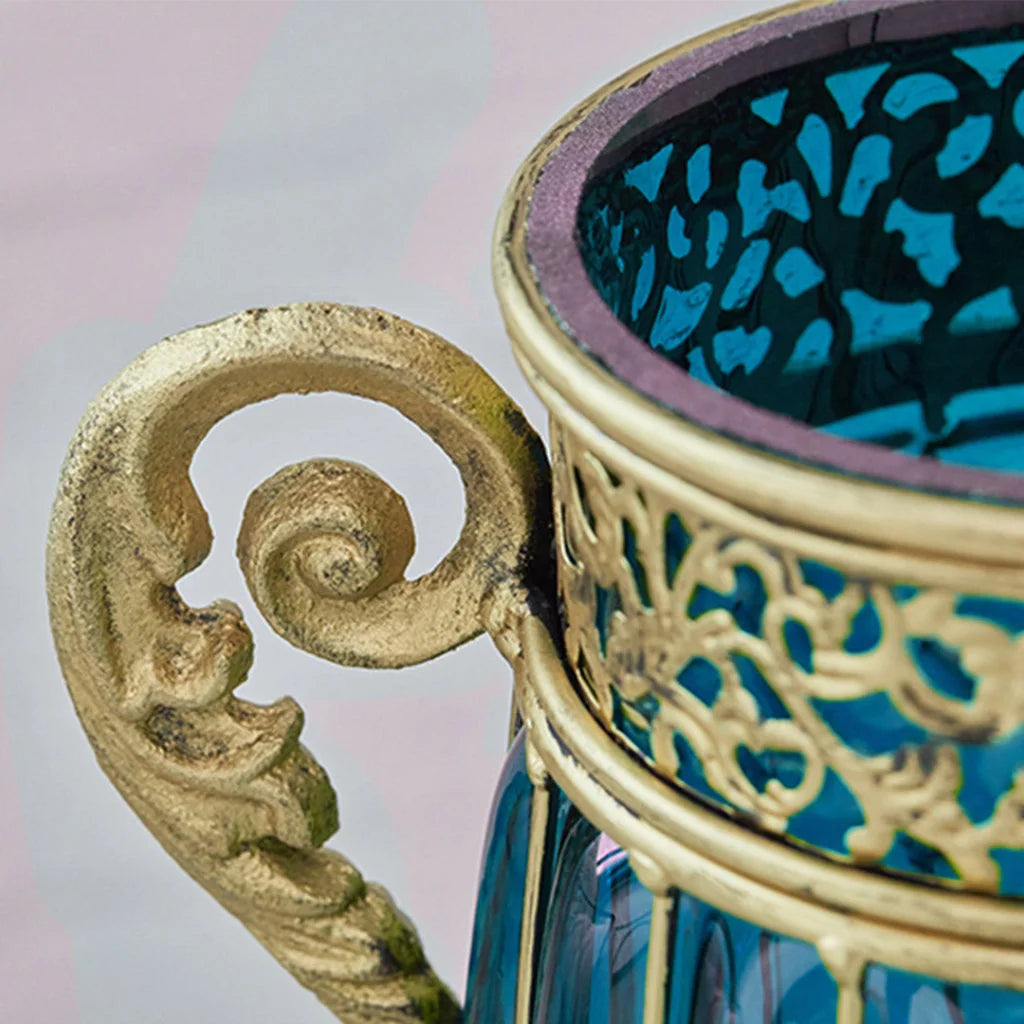 Glass Flower Vase Premium Blue Colored with 8 Bunch 5 Heads Artificial Fake Silk Rose Home Decor Set