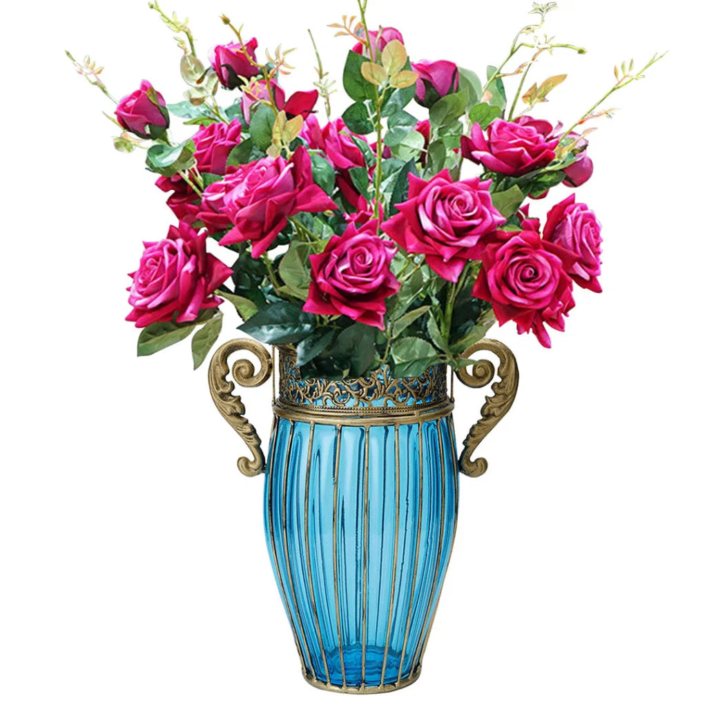 Glass Flower Vase Premium Blue Colored with 8 Bunch 5 Heads Artificial Fake Silk Rose Home Decor Set