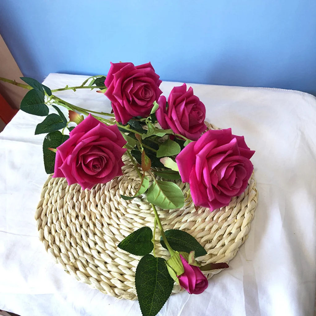 Glass Flower Vase Premium Blue Colored with 8 Bunch 5 Heads Artificial Fake Silk Rose Home Decor Set