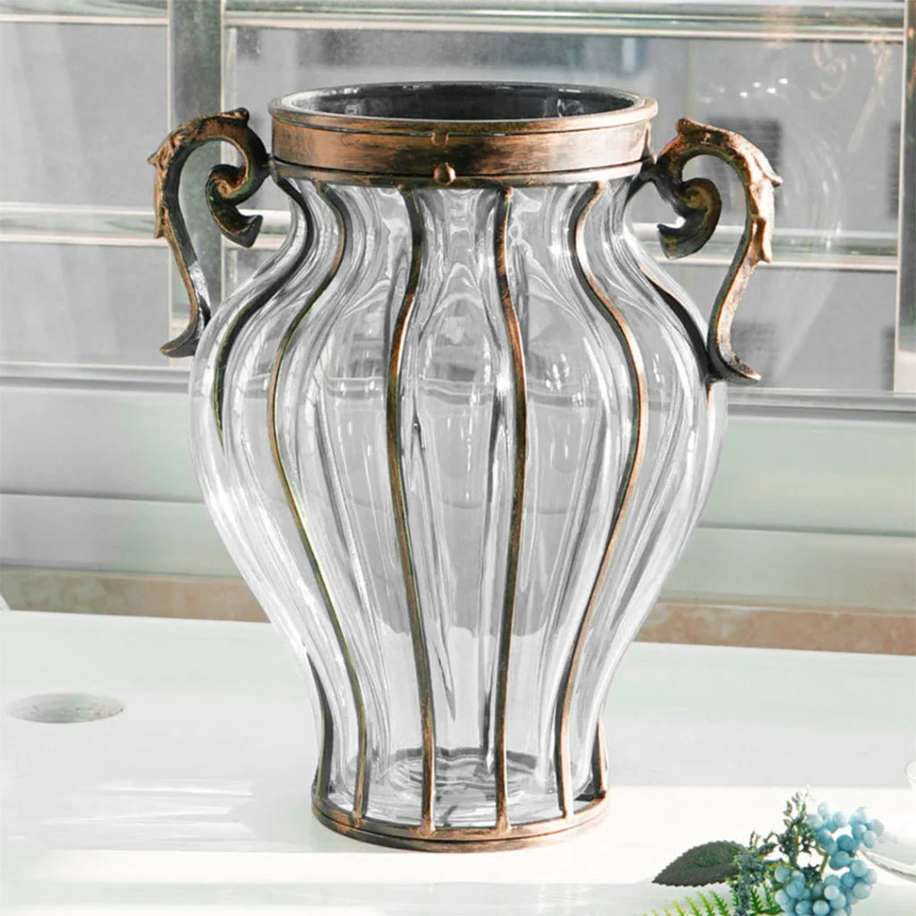 Glass Flower Vase Premium Clear with 6 Bunch 4 Heads Artificial Fake Silk Magnolia Denudata Home Decor Set