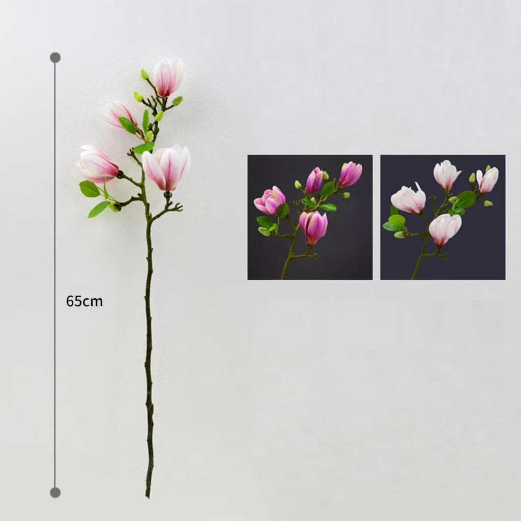 Glass Flower Vase Premium Clear with 6 Bunch 4 Heads Artificial Fake Silk Magnolia Denudata Home Decor Set