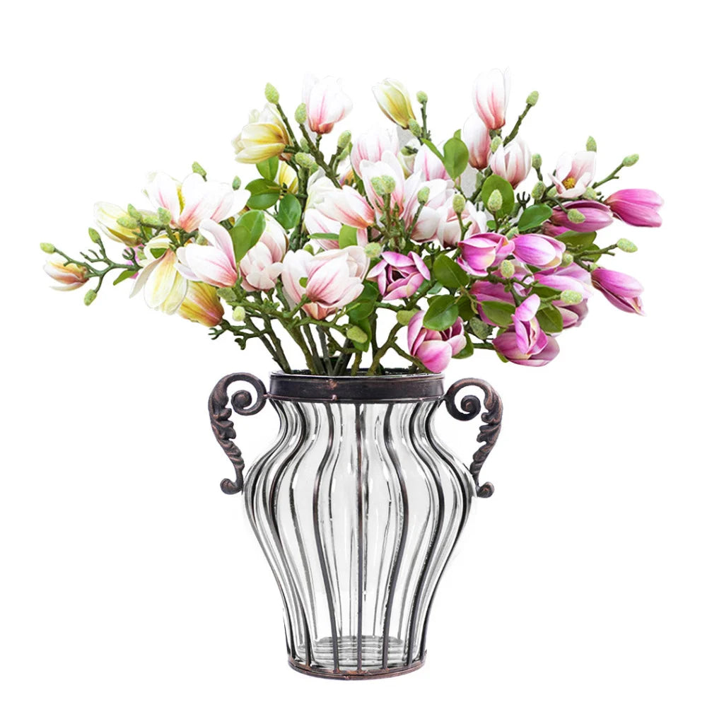 Glass Flower Vase Premium Clear with 6 Bunch 4 Heads Artificial Fake Silk Magnolia Denudata Home Decor Set