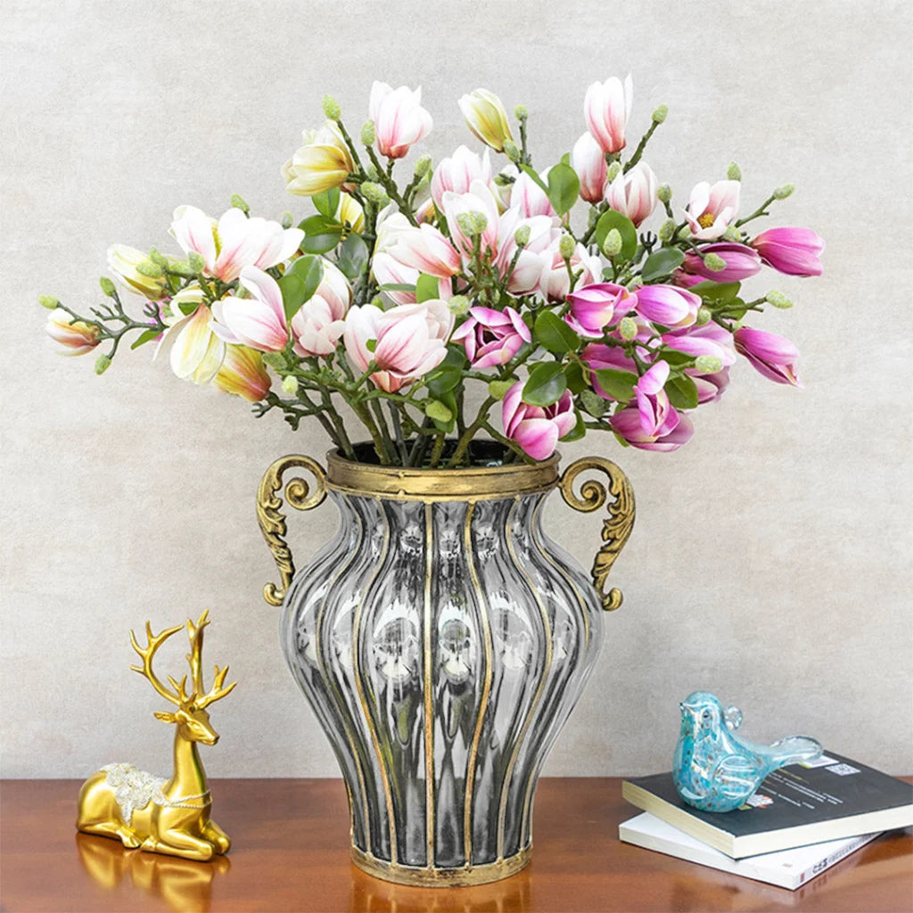 Glass Flower Vase Premium Clear with 6 Bunch 4 Heads Artificial Fake Silk Magnolia Denudata Home Decor Set