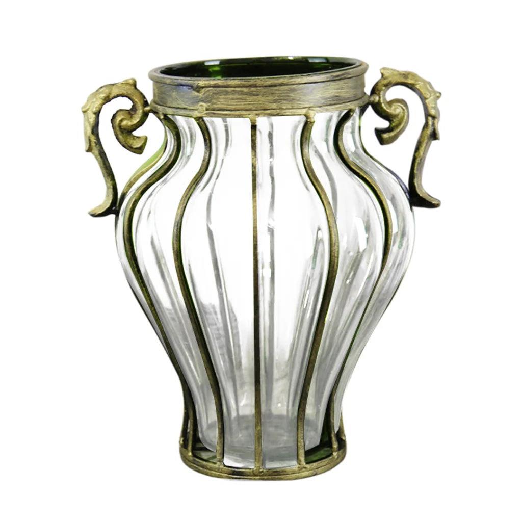Glass Home Decor Vase Premium Clear European with Two Metal Handles