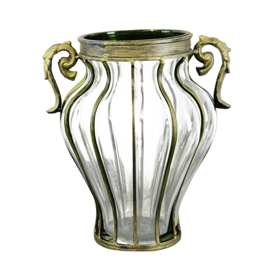 Glass Home Decor Vase Premium Clear European with Two Metal Handles
