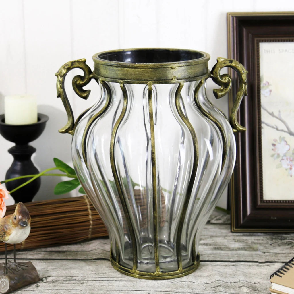 Glass Home Decor Vase Premium Clear European with Two Metal Handles