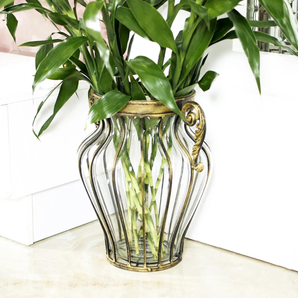 Glass Home Decor Vase Premium Clear European with Two Metal Handles