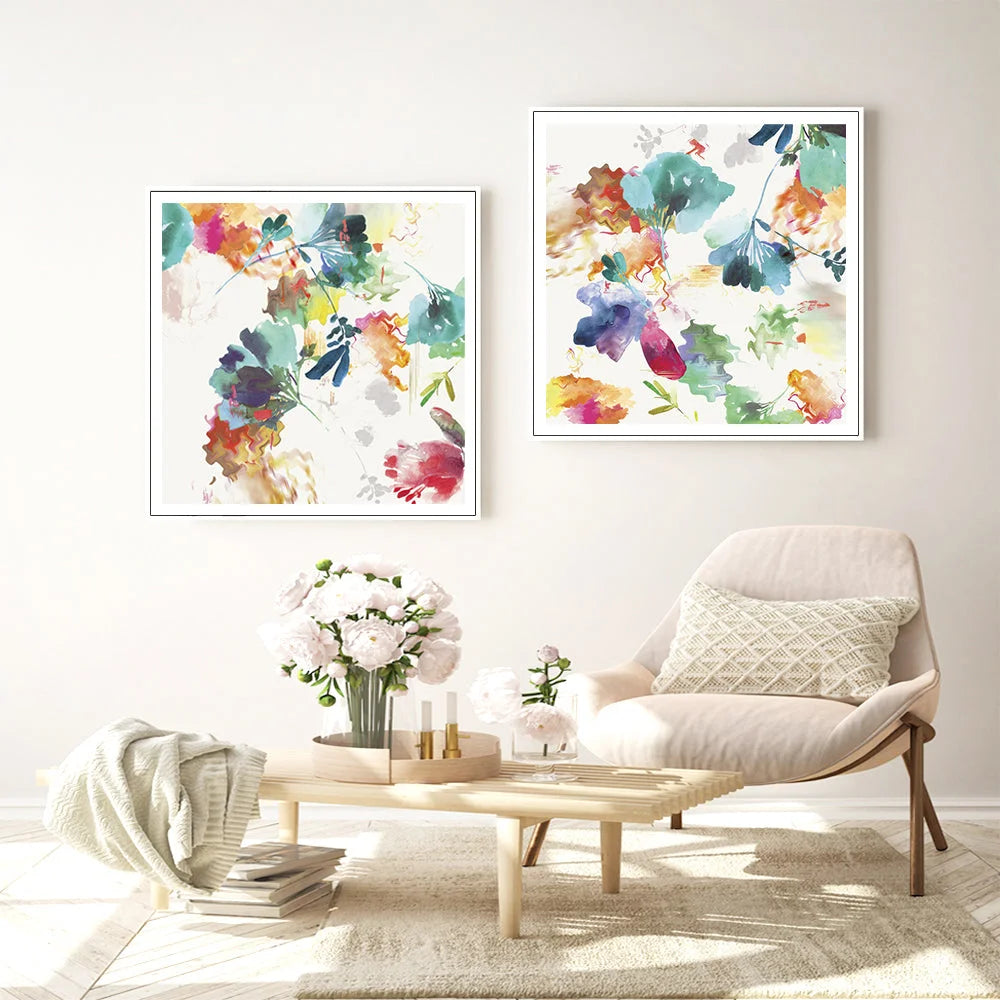 Glitchy Floral Wall Art Canvas 90cmx90cm 2 Sets White Frame