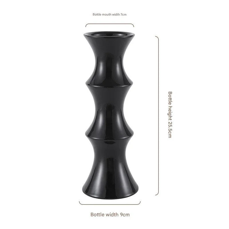 Glossy Black Ceramic Vase - Unique Bamboo-Look Design
