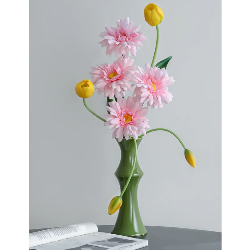 Glossy GreenCeramic Vase - Unique Bamboo-Look Design