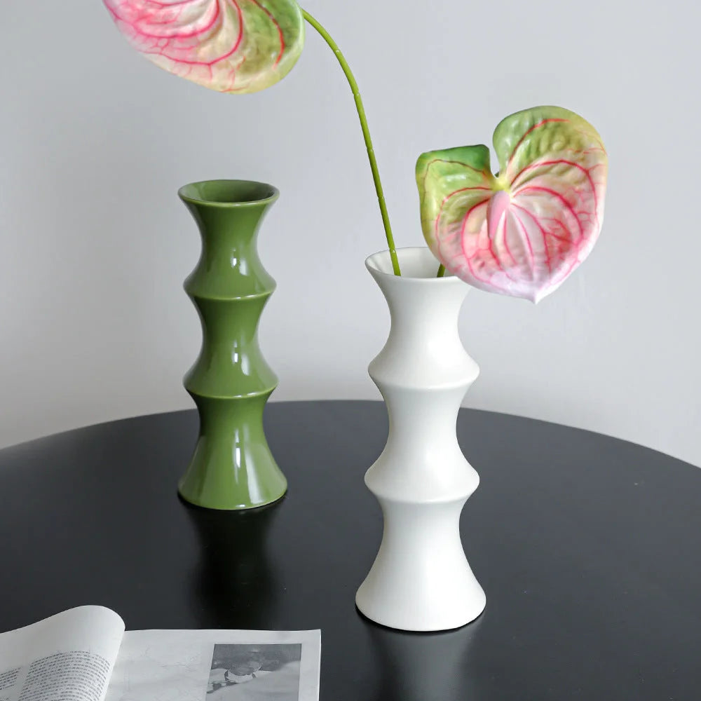 Glossy GreenCeramic Vase - Unique Bamboo-Look Design