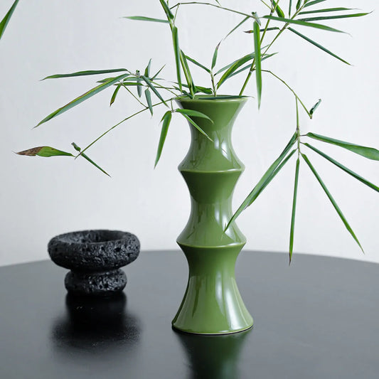 Glossy GreenCeramic Vase - Unique Bamboo-Look Design