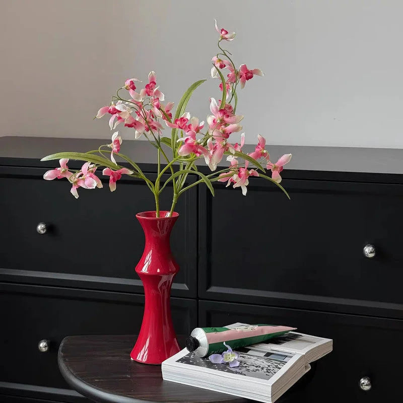 Glossy Red Ceramic Vase - Unique Bamboo-Look Design