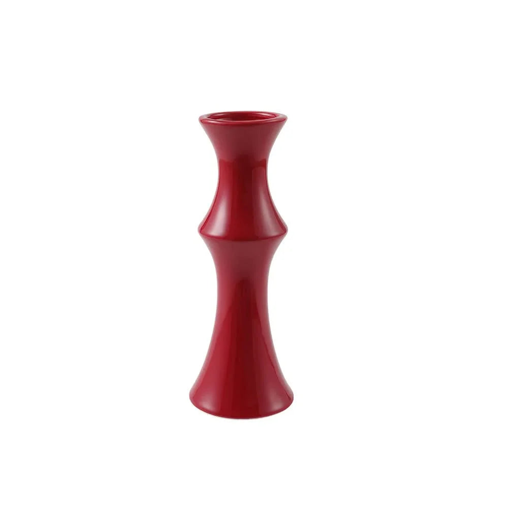 Glossy Red Ceramic Vase - Unique Bamboo-Look Design