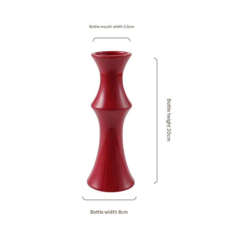 Glossy Red Ceramic Vase - Unique Bamboo-Look Design