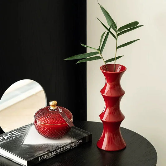 Glossy Red Ceramic Vase - Unique Bamboo-Look Design