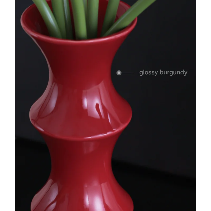 Glossy Red Ceramic Vase - Unique Bamboo-Look Design