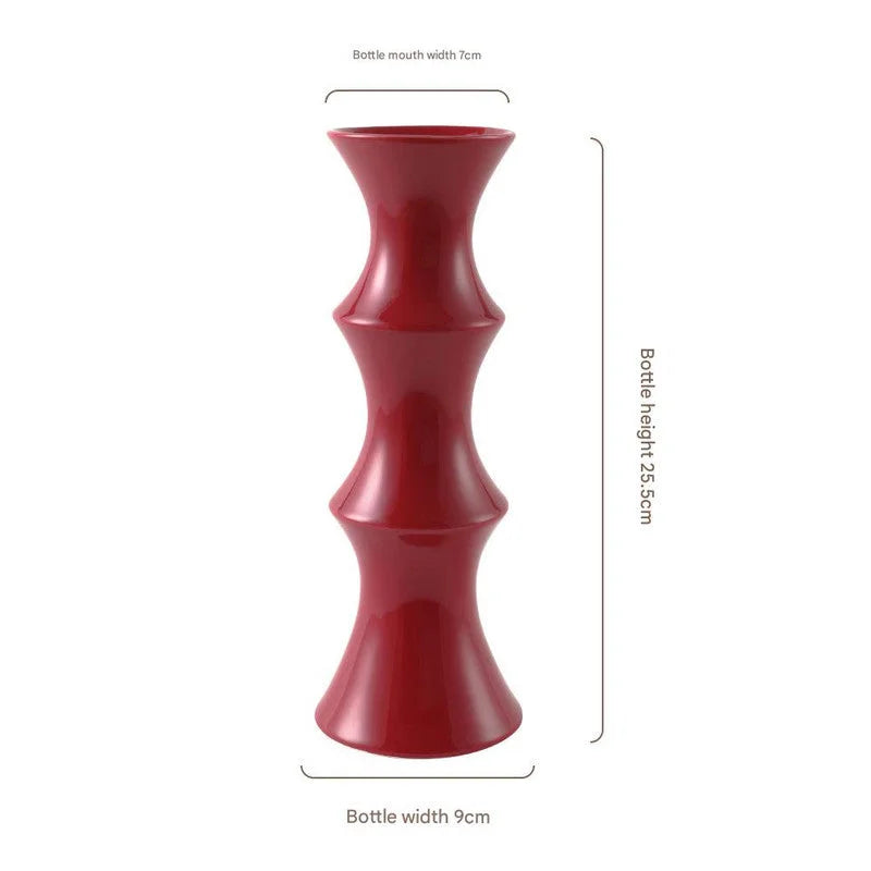Glossy Red Ceramic Vase - Unique Bamboo-Look Design