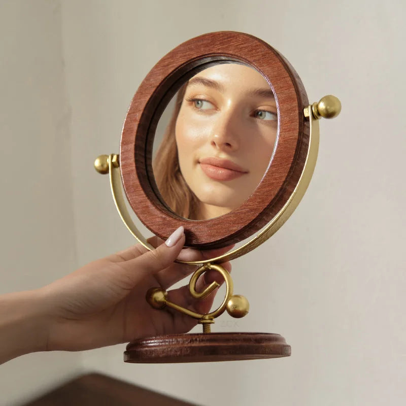 Gold and Brown Vintage Solid Wood Makeup Mirror - 360°