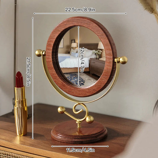 Gold and Brown Vintage Solid Wood Makeup Mirror - 360°