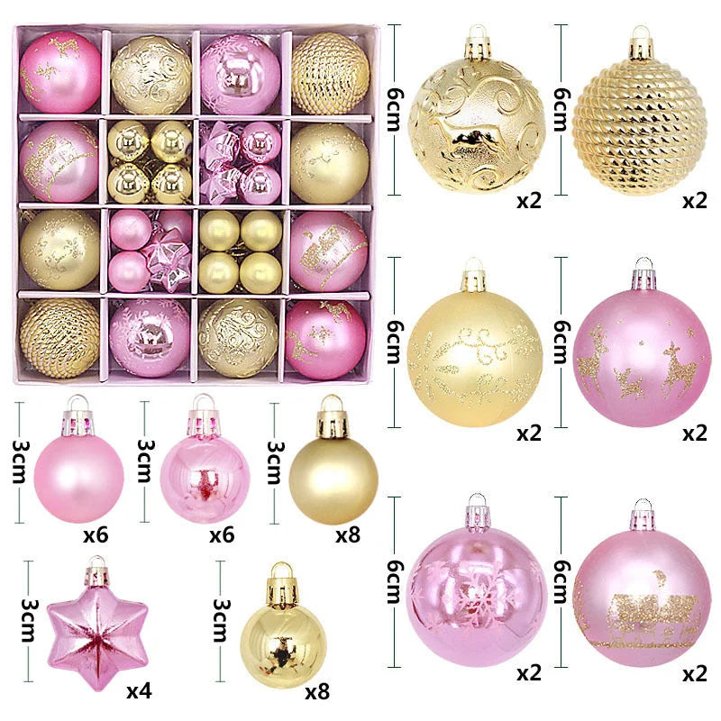 Gold and pink 44-Piece Assorted Christmas Baubles Set