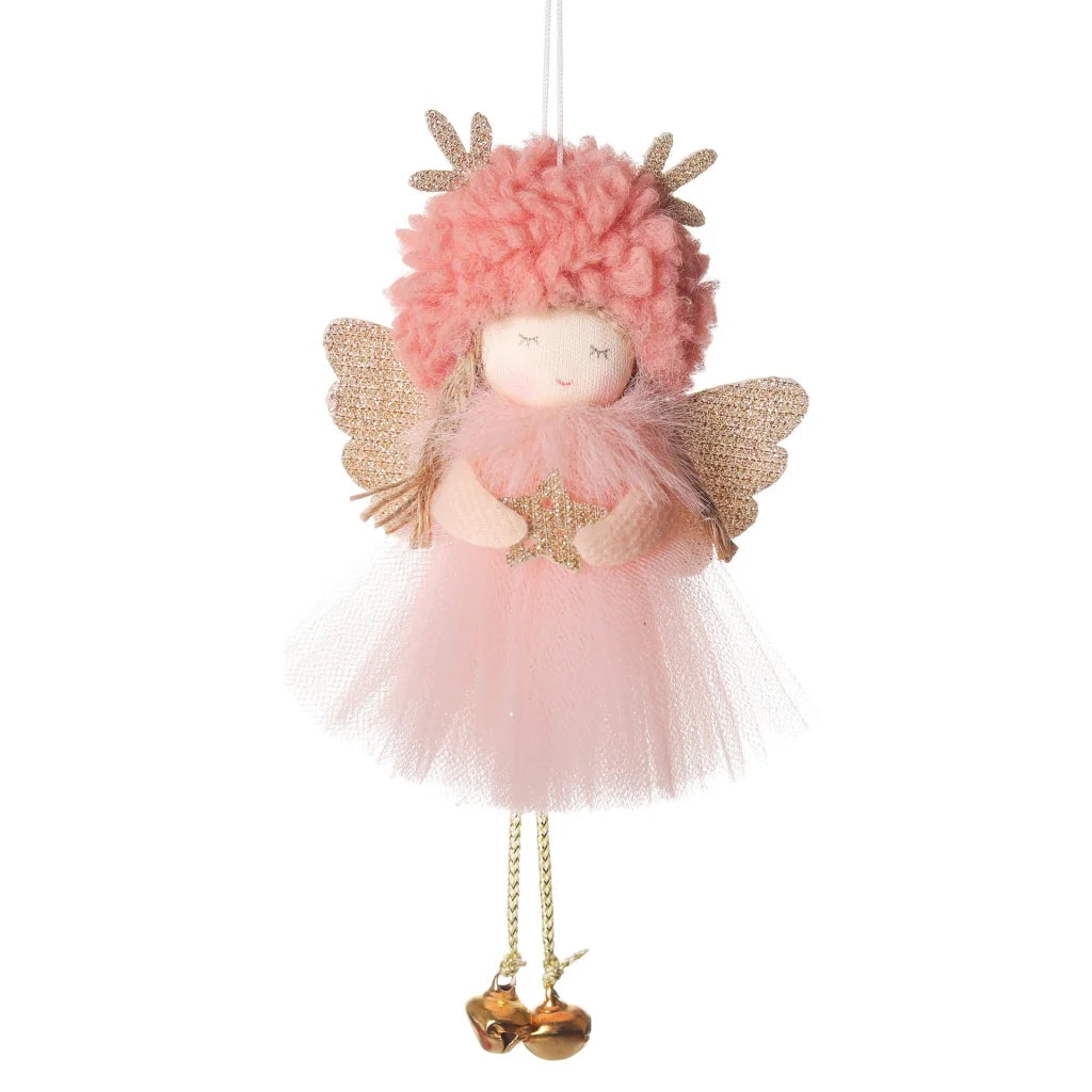 Gold and White Angel Ornament with Bells and Glitter Wings