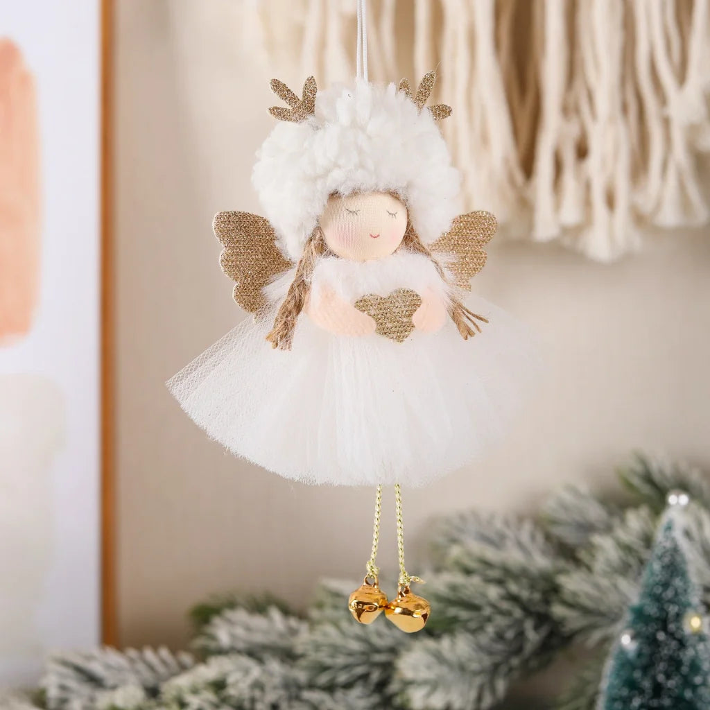 Gold and White Angel Ornament with Bells and Glitter Wings