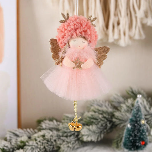 Gold and White Angel Ornament with Bells and Glitter Wings