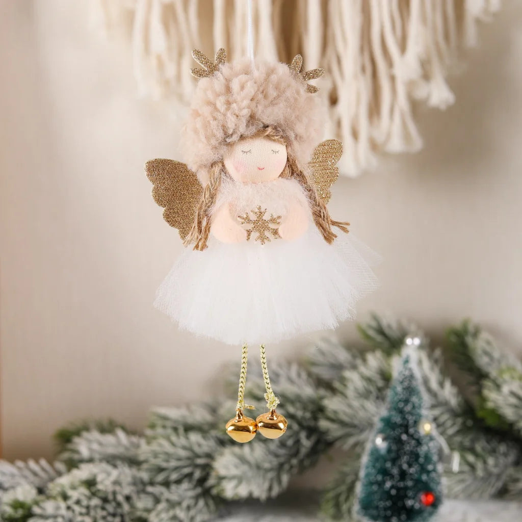 Gold and White Angel Ornament with Bells and Glitter Wings