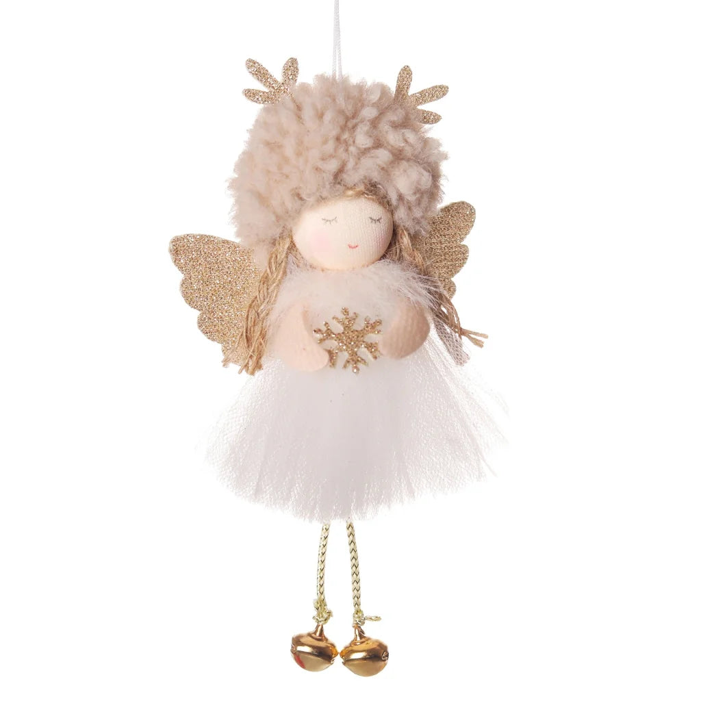 Gold and White Angel Ornament with Bells and Glitter Wings