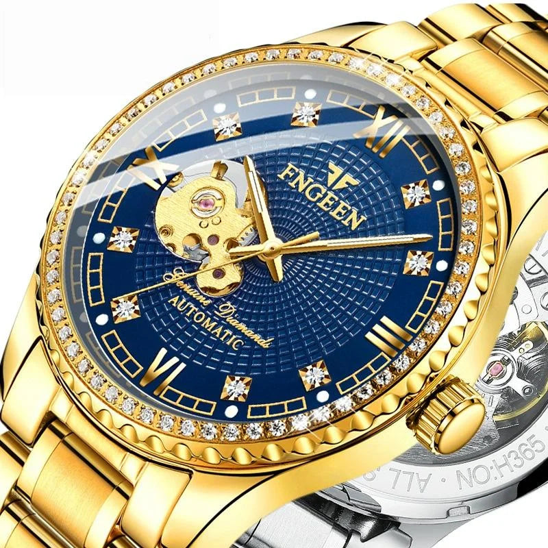 Gold Automatic Mechanical Watch with Diamond Accents