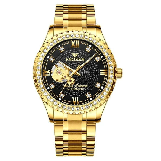 Gold Automatic Mechanical Watch with Diamond Accents