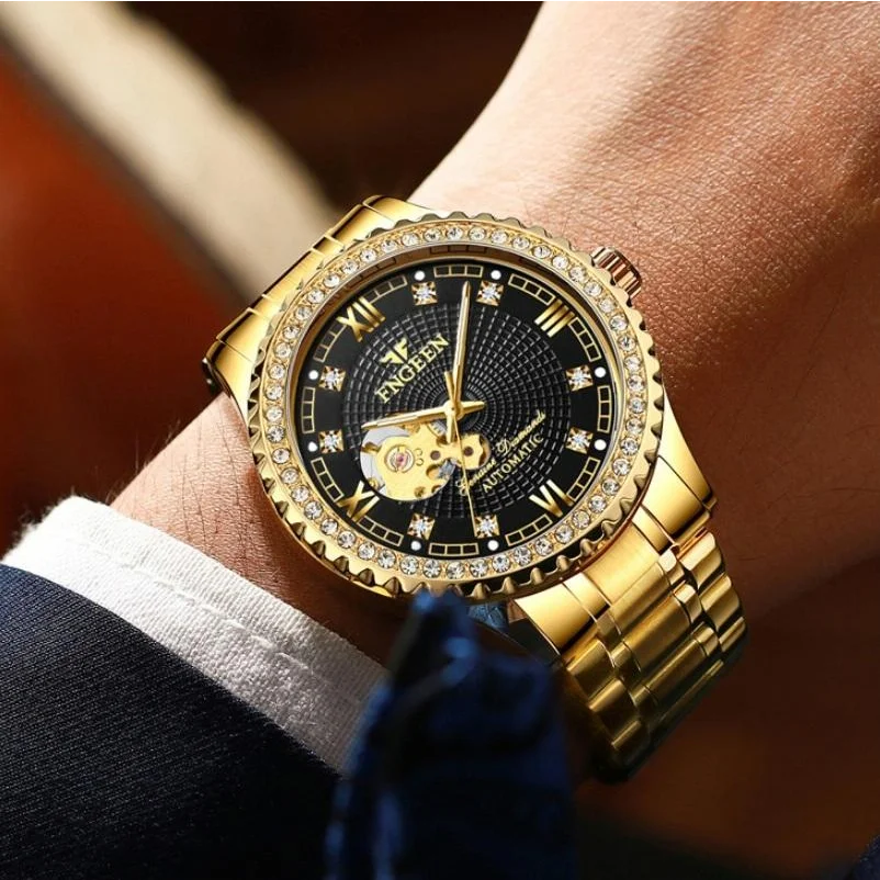 Gold Automatic Mechanical Watch with Diamond Accents