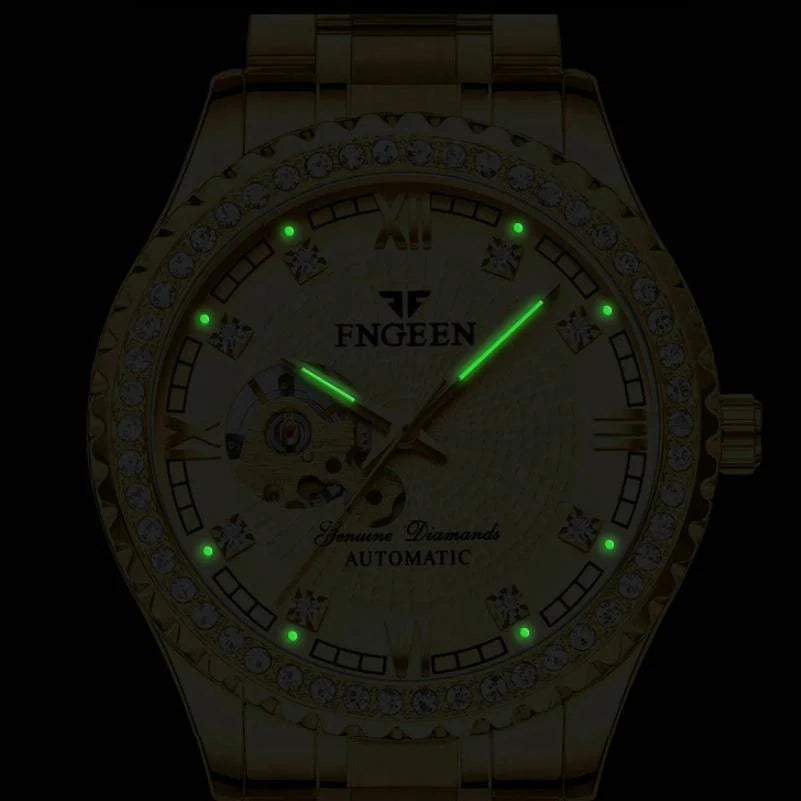 Gold Automatic Mechanical Watch with Diamond Accents