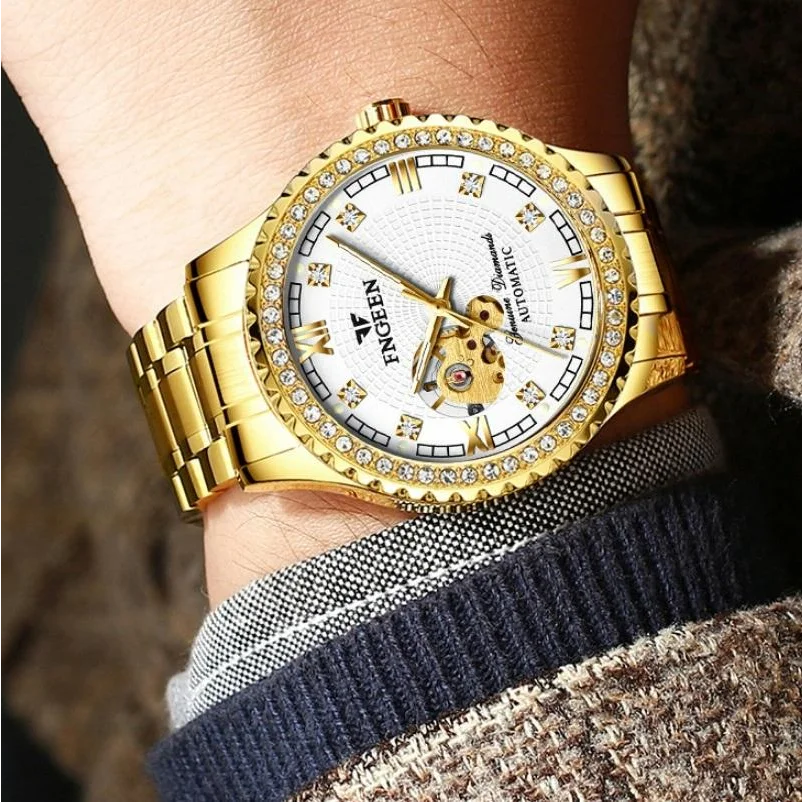 Gold Automatic Mechanical Watch with Diamond Accents