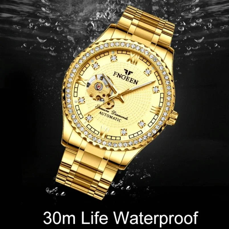 Gold Automatic Mechanical Watch with Diamond Accents
