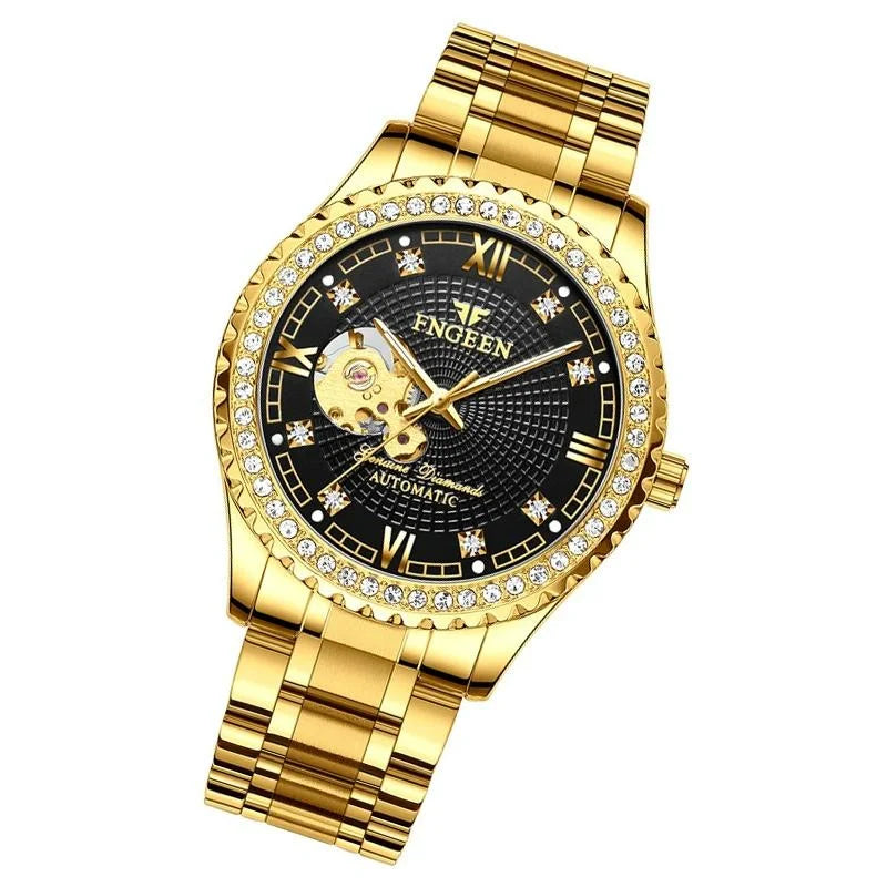 Gold Automatic Mechanical Watch with Diamond Accents