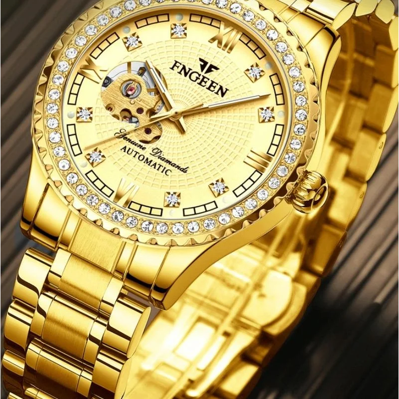 Gold Automatic Mechanical Watch with Diamond Accents