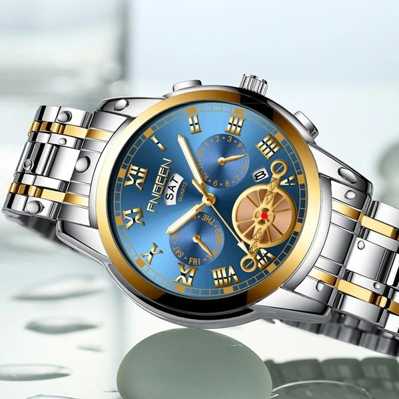 Gold Blue Multi-function Men Quartz Watch - Fashion > Men’s