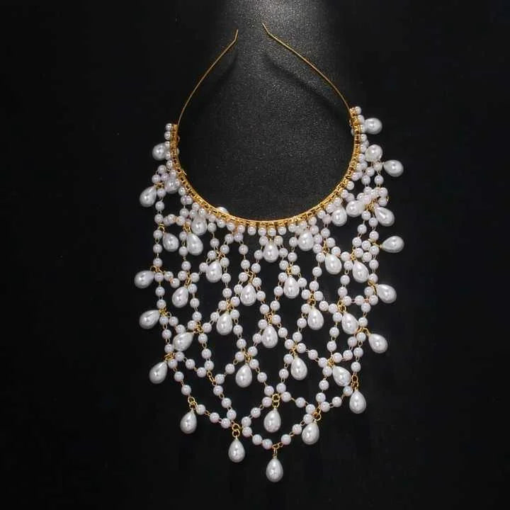 Gold Bohemian Pearl Net Headband - Vintage Mesh Hair