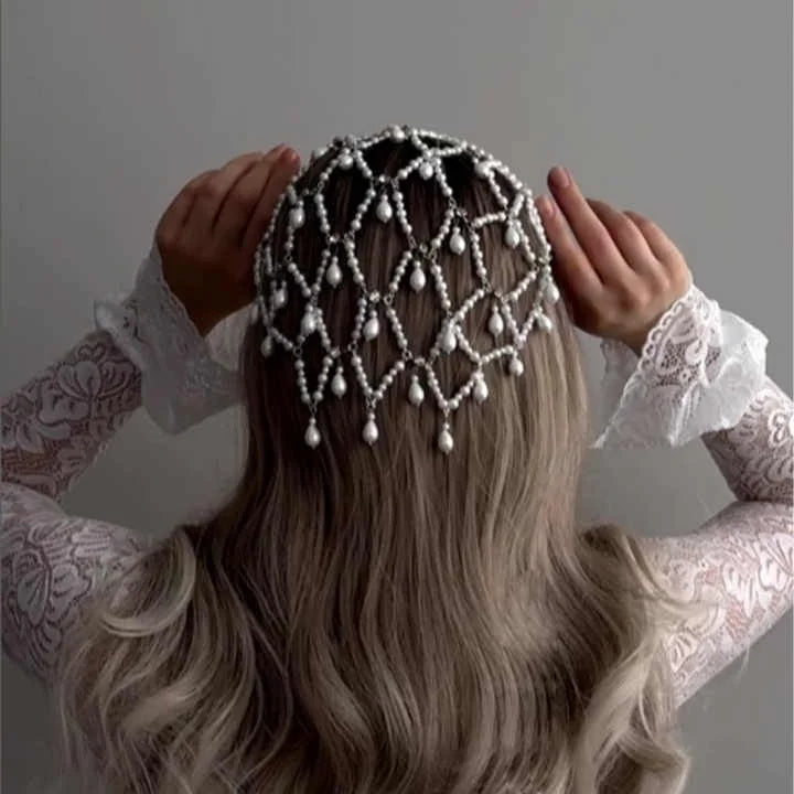 Gold Bohemian Pearl Net Headband - Vintage Mesh Hair