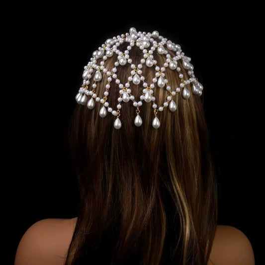 Gold Bohemian Pearl Net Headband - Vintage Mesh Hair