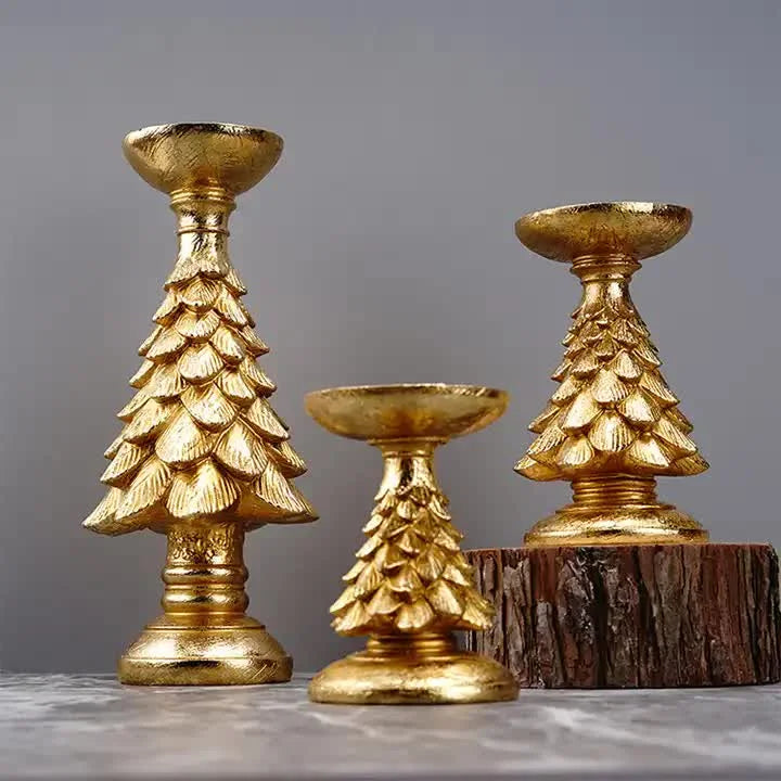 Gold Christmas Tree Candle Holder - Elegant Resin Pillar