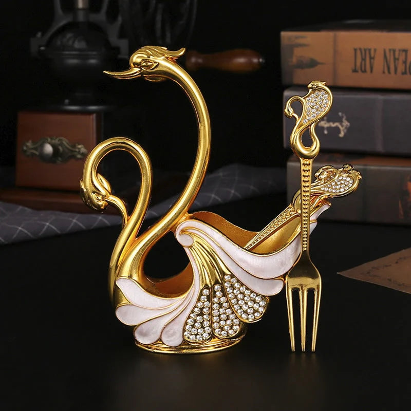 Gold Elegant Double Swan Cutlery Holder Set with 6pcs Fork