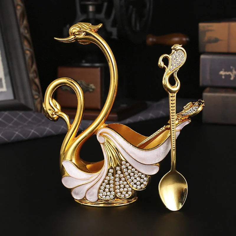 Gold Elegant Double Swan Cutlery Holder Set with 6pcs