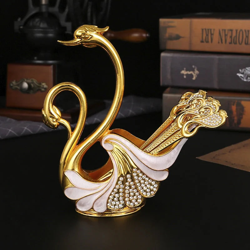 Gold Elegant Double Swan Cutlery Holder Set with 6pcs