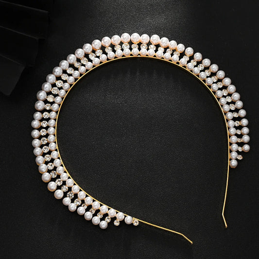 Gold Elegant Faux Pearl Bridal Headband - Multi-Layer