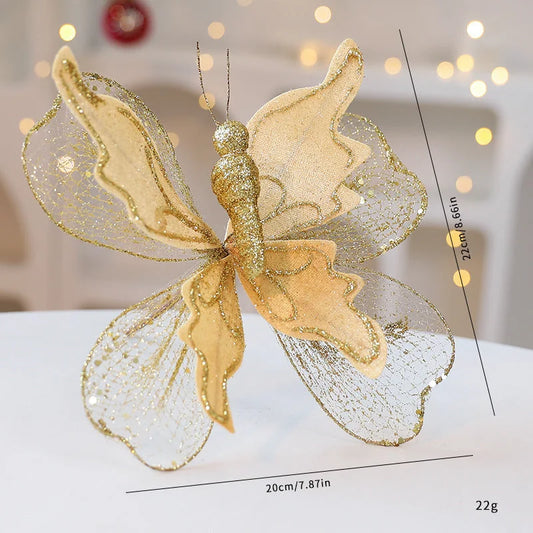 Gold Large Glitter Butterfly Christmas Ornaments (Set of 2)