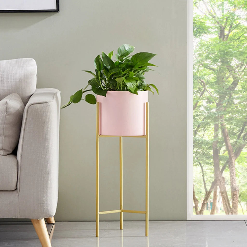 Gold Metal Plant Stand 2 Layer 42cm with Pink Flower Pot Holder Corner Shelving Rack Indoor Display